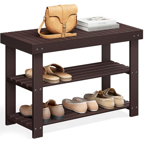 SONGMICS Shoe Rack Bench, 3-Tier Bamboo Shoe Storage Organizer, Entryway Bench, Holds Up to 286 lb, 11.3 x 27.6 x 17.8 Inches, for Entryway Bathroom Bedroom, Brown ULBS04Z - color: Brown, size: 27.6"W