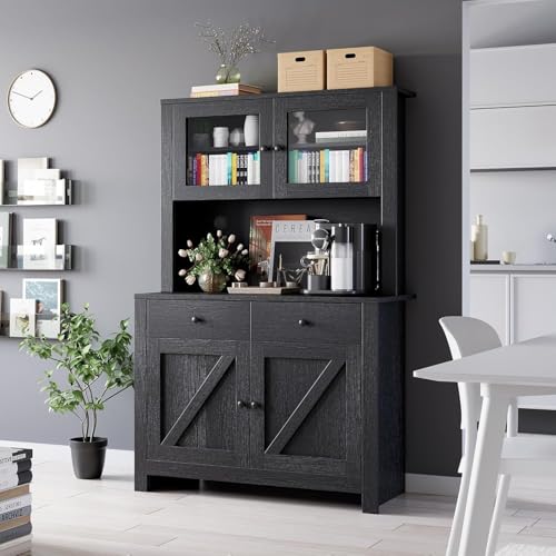 GarveeHome Kitchen Pantry Cabinet with Microwave Stand, Freestanding Hutch Cabinet with Buffet Cupboard, Tall Kitchen Cabinets with Adjustable Shelves for Dining Room, Black