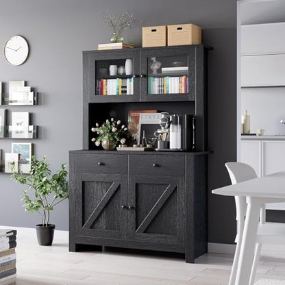 GarveeHome Kitchen Pantry Cabinet with Microwave Stand, Freestanding Hutch Cabinet with Buffet Cupboard, Tall Kitchen Cabinets with Adjustable Shelves for Dining Room, Black