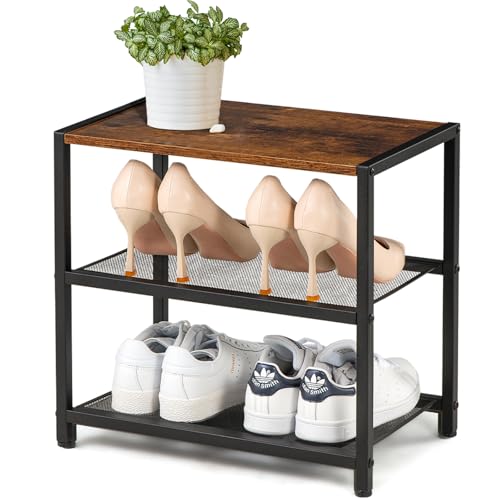3-Tier Wooden Shoe Rack with Metal Mesh Shelves, Small Shoe Organizer for Front Door Entryway, Closet, Hallway & Bedroom, Narrow Shoe Shelf, Holds 6 Pairs, Ideal for Shoe Storage or Display - size: 17"D x 10.24"W x 15.75"H