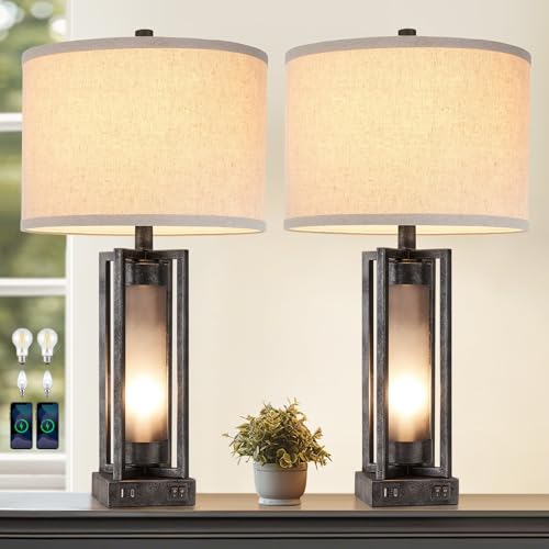 Set of 2 Industrial Table Lamps for Living Room with USB C+A | Vintage End Table Lamp for Bedroom with Gray Nightlight, Rustic Desk Lamp for Bedside, 4 Bulbs Included (Iron Gray) - color: Iron Gray