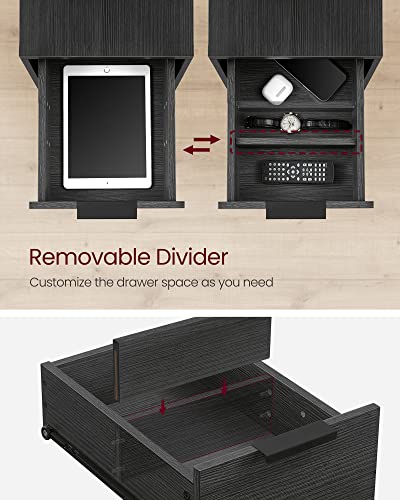 VASAGLE Side End Table with Charging Station, Slim Nightstand with 2 Drawers, Narrow Bedside Table for Living Room, Small Spaces, Charcoal Gray and Ink Black ULET321B22 - color: Charcoal Gray + Ink Black, size: 23.6"D x 13.8"W