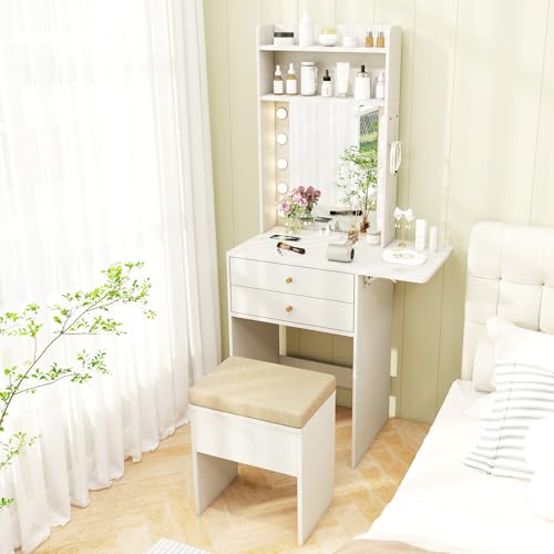 CHARMAID Small Vanity Desk with Mirror and Lights, White Makeup Vanity Table with Storage Bench, Drawers, Shelves, Foldable Side Table, Charging Station, Compact Vanity for Small Bedroom Narrow Space - color: White, size: 20"W