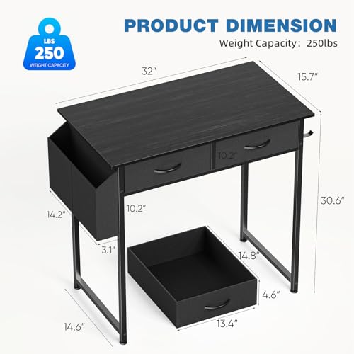 OLIXIS 32 Inch Small Desk, Computer Desk, Home Office | Fabric Drawers, Side Bag, Headphone Hook, Writing Study Work Table, Bedroom, Sleek Black - color: Sleek Black, size: 32 in