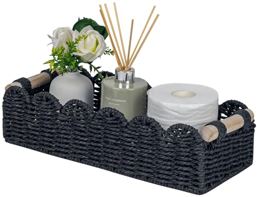 CubesLand Scalloped Toilet Paper Storage Basket W/Handle for Home Decor | Paper Rope Toilet Organizer Basket for Countertop, Over Toilet Shelf, End Table, Living Room Cozy Decorative & More, Black - color: Black, size: m - 14 X 6.3 X 3.9in