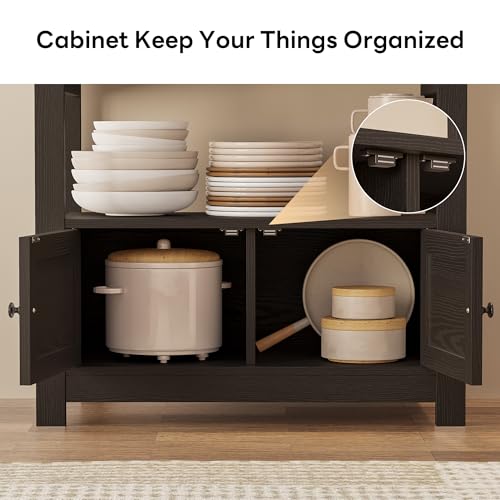 LIKIMIO Baker Rack with Spill-Safe Power Outlet & Drawer, Black | Coffee Bar Cabinet with Storage, Farmhouse Microwave Stand with Hutch and 5 Hooks for Kitchen - color: Black