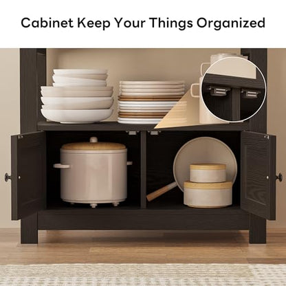 LIKIMIO Baker Rack with Spill-Safe Power Outlet & Drawer, Black | Coffee Bar Cabinet with Storage, Farmhouse Microwave Stand with Hutch and 5 Hooks for Kitchen - color: Black
