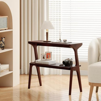 Solid Wood End Table, 2-Tier Side Table with Storage Shelf, Wooden Modern Accent Slim Bedside Table for Sofa, Living Room, Bedroom, Small Space, Easy Assembly, Burgundy - color: Burgundy