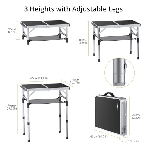 Anbte Folding Camping Table, Aluminum 24" x 16" Adjustable Height Small Folding Table with Carrying Handle, Lightweight, Portable Camping Table Waterproof for Outdoor Indoor Picnic Beach BBQ (Black) | Portable Picnic Table with Net Storage, Quick Assembly
