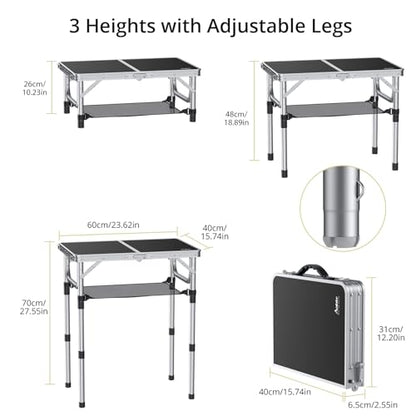 Anbte Folding Camping Table, Aluminum 24" x 16" Adjustable Height Small Folding Table with Carrying Handle, Lightweight, Portable Camping Table Waterproof for Outdoor Indoor Picnic Beach BBQ (Black) | Portable Picnic Table with Net Storage, Quick Assembly