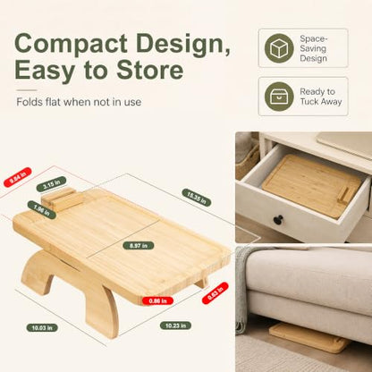 UPABLUNSO 1-Pack Couch Arm Tray Table, Bamboo Clip-On Sofa Armrest Snack Tray, Square with 360° Phone Holder, Collapsible Cozy Sofa Armrest Tray Bamboo Side Table for Drinks, Food or Something Else - color: Square Natutal