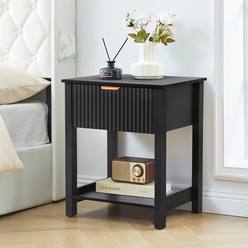 Small Nightstand with Drawer, Mid Century Modern Nightstand for Bedroom, Fluted End Table with Storage for Living Room, Couch, Sofa, Bedside, Office, Desk Side Table for Small Spaces-Black - size: 1 Piece