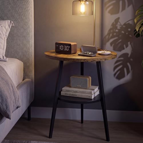 Small Round Side Table, End Tables Living Room, Rustic Brown | 2-Tier Side Table with Storage Shelf for Small Spaces, Bedside Accent Table for Living Room, Bedroom, Metal Frame & Wood Top - color: Rustic Brown