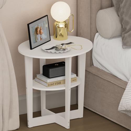 Furinno TIDUR Night Stand, 2-Tier Oval Nightstand with Round Edge Tabletop, Open Shelf Bedside Table, End Table, Side Table, for Bedroom, Closet, Dorm, White - color: White, size: Oval Open Shelf