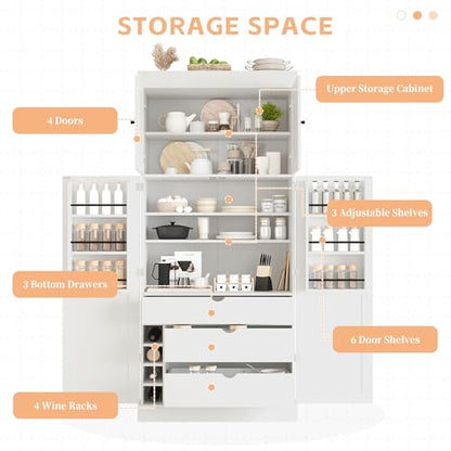 Merax 77'' Tall Freestanding Kitchen Pantry, 35''Lx17.7''W Modern Shaker Style Cupboard Storage Cabinet with Adjustable Shelves,Door Shelves, Drawers and Wine Racks, White - color: White