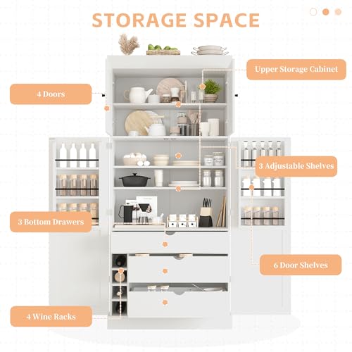 Polibi 77" Tall Freestanding Kitchen Pantry Cabinet, 35" L x 17.7" W Modern Shaker Style Storage Cupboard with Adjustable Shelves, Wine Racks, Drawers, Door Shelves, White - color: White