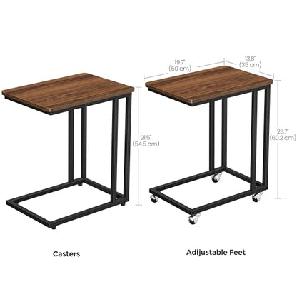 VASAGLE End Table, C Shaped TV Tray with Metal Frame Rolling Casters, Industrial Side Table for Living Room Bedroom, 19.7 x 13.8 x 23.6 Inches, Dark Walnut and Black - color: Dark Walnut + Black, size: 19.7"W x 21.7"H, style: With Wheels