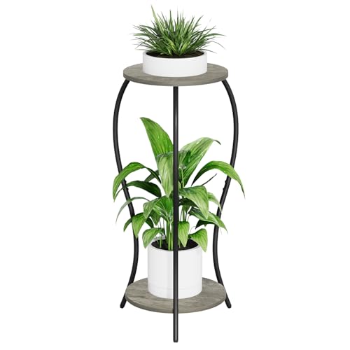 Plant Stand Indoor, 2 Tier Round Tall Plant Stand, Flower Pot Stand, Plant Shelf Rack, Corner Plant Stand for Planter Garden Balcony Patio Living Room, Grey - color: Grey-Wood
