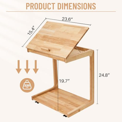 Uniclinens Couch Tables that Slide Under - Rolling Side Table C Shape, Wooden Slim Sofa Desk with Wheels, Small TV Tray for Laptop Multi-Purpose Living Room Bedroom, Natural - color: Natural, style: Style 3