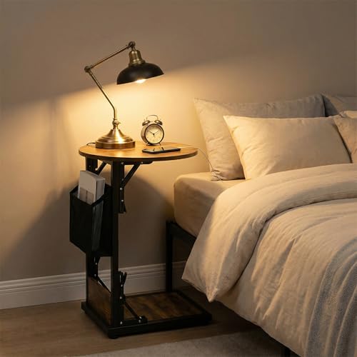 Foldable C Shaped End Table, 15.7" Couch Side Table with Storage Pocket, Slides Under Sofa