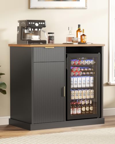 Coffee Bar with Mini Fridge Space, 39" Fluted Bar Cabinet with Power Outlet, Wine & Liquor Cabinet for Mini Fridges, Buffet Sideboard Drink Station with Drawer & Adjustable Shelf, Black - color: Black Without Fridge, size: 39"