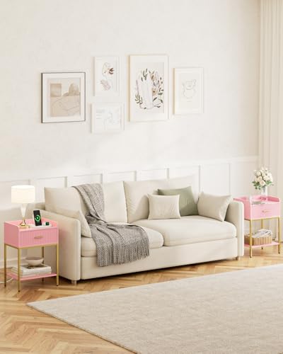 Nightstand with Charging Station, 3-Tier Bed Side Table, Small End Table, Night Stand with Open Shelf and Drawer, Bedside Table for Bedroom, Living Room, Pink - color: Pink, style: With Charging Station