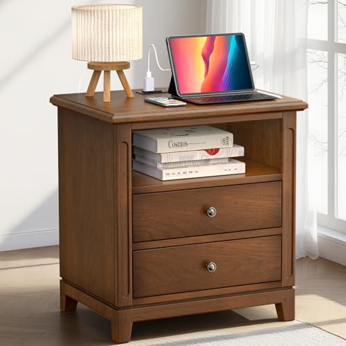 Farmhouse Nightstand with Charging Station, Solid Wood End Table with 2 Large Drawers & Open Shelf, Bedside Table with USB Ports and Outlets, Rustic Wood for Bedroom - color: Walnut