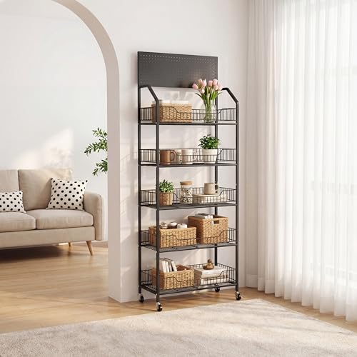5 Tier Supermaket Snack Rack Display Stand, Retail Display Shelves with Hooks & Wheels, Metal Snack Shelf for Store Home Kitchen, Black Chip Rack Display Stand (5 Tier（60cm）) - size: 5 Tier（23.6inch）
