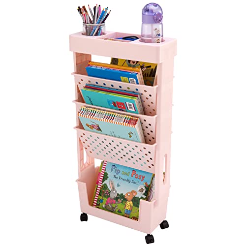 Pink Rolling Office Paper Organizer, Mobile Book Cart Document Folder File Storage with Pen Holder, Slim Rolling Storage Cart Movable Bookshelf for Office, Dorm, Classroom, Nursery - color: Pink
