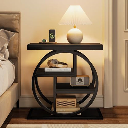 Tribesigns Black End Table for Living Room, 4-Tier Narrow Side Table with Storage Shelves, Modern Bedside Table for Bedroom, Wood Small Sofa Side Table with Geometric Metal Frame (1 PC, Black) - color: Black