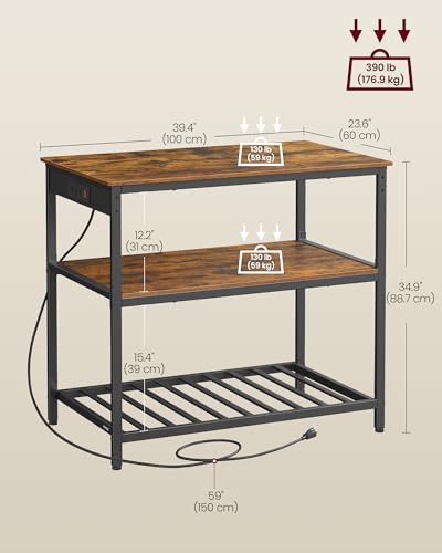 VASAGLE Kitchen Island with 3 Shelves, 39.4 Inches Width Kitchen Shelf with Power Strip, Large Worktop, Stable Steel Structure, Industrial, Easy to Assemble, Rustic Brown and Black UKKI105K01 - color: Rustic Brown + Black, size: 39.4"W x 34.9"H, style: wi