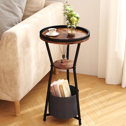 Yusong Round Side Table, Small Drink Table for Small Spaces, 3-Tier Industrial End Table, Accent Nightstand Bedside Table for Living Room, Bedroom, Sofa Couch, Rustic Brown - color: Rustic Brown, size: 3 Tier (No Charging Station)