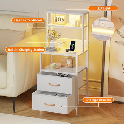 Furnulem Night Stand, Tall White Nightstand with 4-Tier Shelves, 2 PU Fabric Drawers and Led Lights, Bed Side Tables with Charging Station, Bedside Table for Bedroom - color: White, size: 2 Drawer