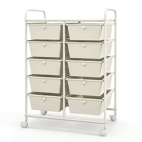 10-Drawer Rolling Cart with Drawers, Storage Cart with Universal Wheel & Metal Frame, Multipurpose Mobile Trolley Utility Cart for Makeup Kitchen Office Play Room (Ivory White) - color: Ivory White