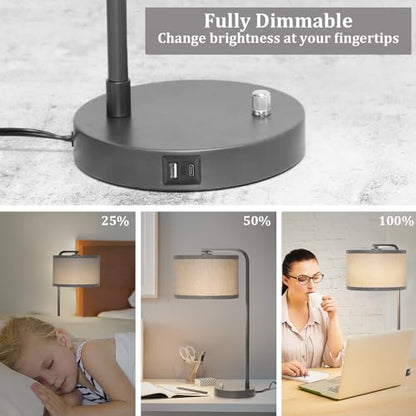 Gray Bedside Lamp with USB C+A Charging Ports, Fully Dimmable Modern Nightstand Lamp with Grey Fabric Shade, Tall Reading Lamp Desk Lamp for Bedroom Living Room Office with 3000K LED Bulb - color: Metal Gray Base with Gray Shade