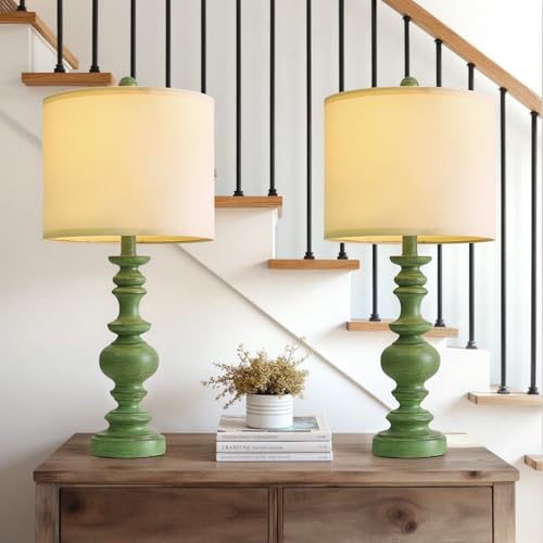 BOBOMOMO 24" Farmhouse Table Lamps Set of 2 – Sage Green Bedside Lamps with Linen Shades, Medium Traditional Lamps for Living Room, Bedroom, and Entryway, Vintage Lamp with Soft Natural Serenity - color: Sage Green, size: Medium-24"