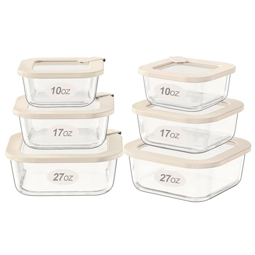 Urban Green Glass Food Storage Containers with Glass Lids, Microwave Safe Food Container Set, Airtight Meal Prep Containers, LeakProof, 100% Plastic Free, 6 Pack - color: ‎Ivory White -6p