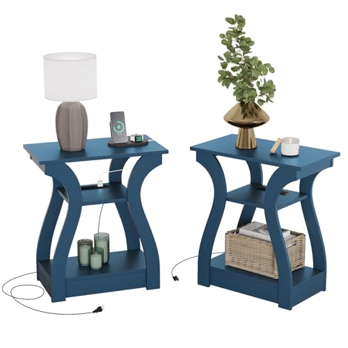FROMJBEST End Table with Charging Station, Side Table with USB Ports and Outlets, Nightstand, 3 Tier End Table with Storage Shelf for Living Room, Bedroom, Navy Blue, Set of 2 - color: Navy Blue