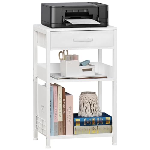 Lerliuo 3-Tier Printer Stand with Fabric Drawer and Shelves, White | Three-tier printer stand with fabric drawer and two shelves for paper, office supplies, scanners and fax machines - color: White
