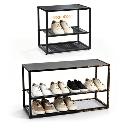 Expandable Shoe Rack,3 Tier Adjustable Metal Shoe Shelf for Closet, Sturdy Free Standing Shoe Storage for Door Entrance, Bedroom, Small Spaces, Black - size: 3-Tier