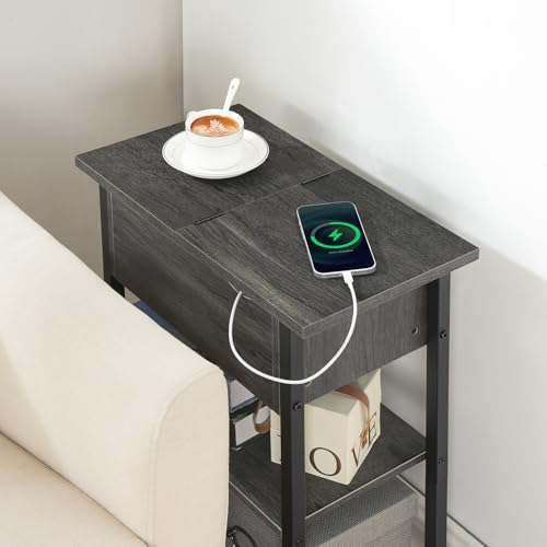 HOOBRO End Table with Charging Station, Narrow Side Table, Flip Top Nightstand with USB Ports and Outlets, Bedside Tables with Shelf for Small Spaces, Living Room, Charcoal Black BC341BZ01 - color: Charcoal Black