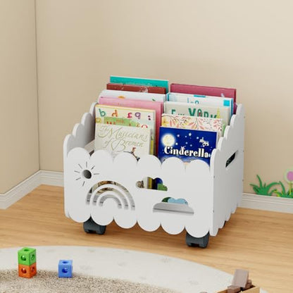 Wood Kids Bookshelf, Montessori Bookshelf, With 2 Adjustable Dividers, 4 Wheels Suitable Kids Rooms, Nursery & Classroom, Book Shelf For Kids Rooms, Toddler Book Rack, Nursery Book Shelves White - color: White(rolling)