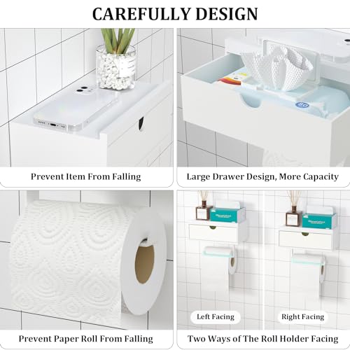 Domax White Toilet Paper Holder with Shelf,Wall Mount/Adhesive Bathroom Toilet Paper Holder,Bamboo Wood Tissue Toilet Roll Holder with Storage Drawer for Organizer Wipes,Fits Any Room, Large - color: White