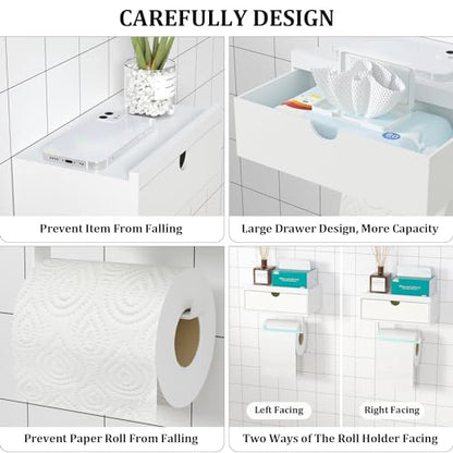 Domax White Toilet Paper Holder with Shelf,Wall Mount/Adhesive Bathroom Toilet Paper Holder,Bamboo Wood Tissue Toilet Roll Holder with Storage Drawer for Organizer Wipes,Fits Any Room, Large - color: White