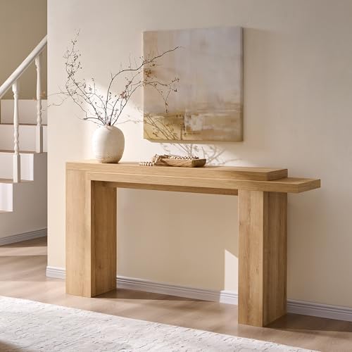 OKD 63" Modern Geometric Console Table with Layered Top, Natural Oak | Extended Layered Top, Sturdy Support Legs, Entryway, Hallway, Foyer, Living room, Behind Sofa - color: Natural Oak