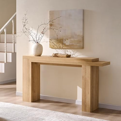 OKD 63" Modern Geometric Console Table with Layered Top, Natural Oak | Extended Layered Top, Sturdy Support Legs, Entryway, Hallway, Foyer, Living room, Behind Sofa - color: Natural Oak