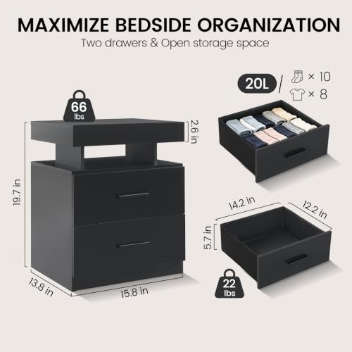 Black LED Nightstand Modern Night Stand with 2 Fabric Drawers for Bedroom | Nightstands with App-Controlled Adjustable LED Lights, Night Stand with Storage Shelf ,Modern Bedside Table for Bedroom - size: Individual