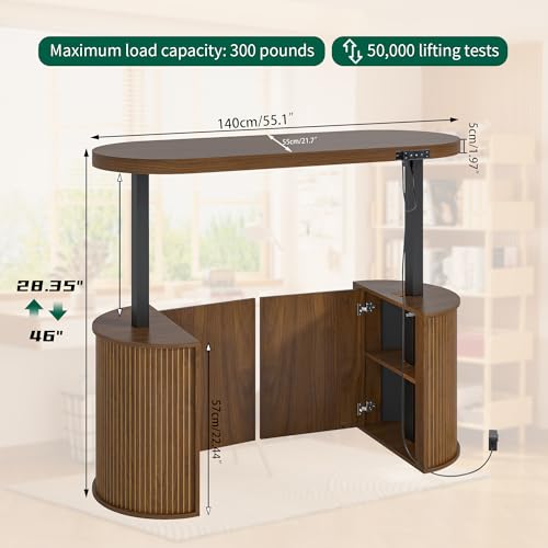 Mid Century Modern Electric Standing Desk with Storage, 55 x 22 Inch Small Sit Stand Up Desk, Wood Adjustable Height Computer Executive Desk for Home Office, Laptop, Walnut - color: Walnut