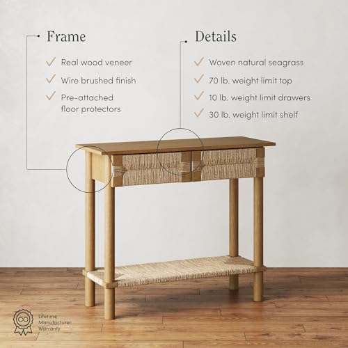 Nathan James Beacon Wooden Sofa Console Table with Drawers, Bohemian Entryway Table, Hallway Table with Seagrass Shelf, Light Brown, Set of 3 - color: Beacon Light Brown/Seagrass, size: Set of 3