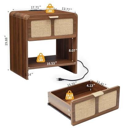 LEVNARY Compact Nightstand Set of 2, Mid-Century Modern Bedside Table with Charging Station and Fabric-Like Textured Drawer, Wooden Small End Table for Farmhouse Bedroom Living Room (2, Walnut) - color: Walnut–linen Drawer Front, size: 2-Pack